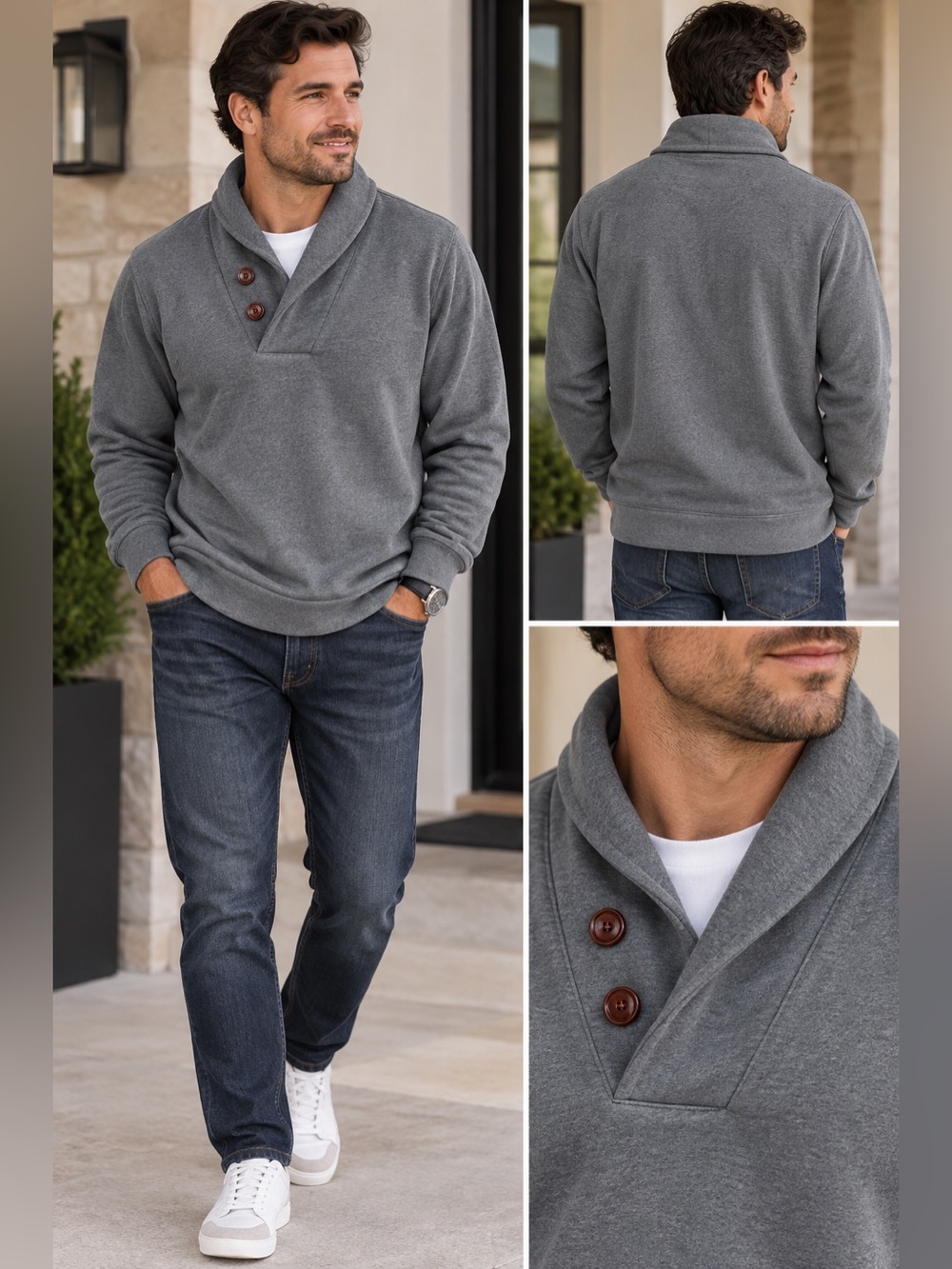 Men's Shawl V-Neck Button Pullover Sweater - Gray